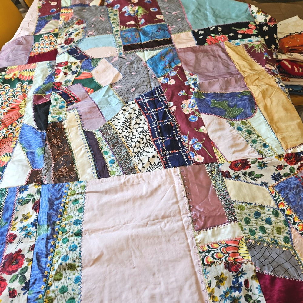 Vintage 40s Handmade Crazy Quilt Top Silk Satin Velvet Embroidered Folk Art Twin